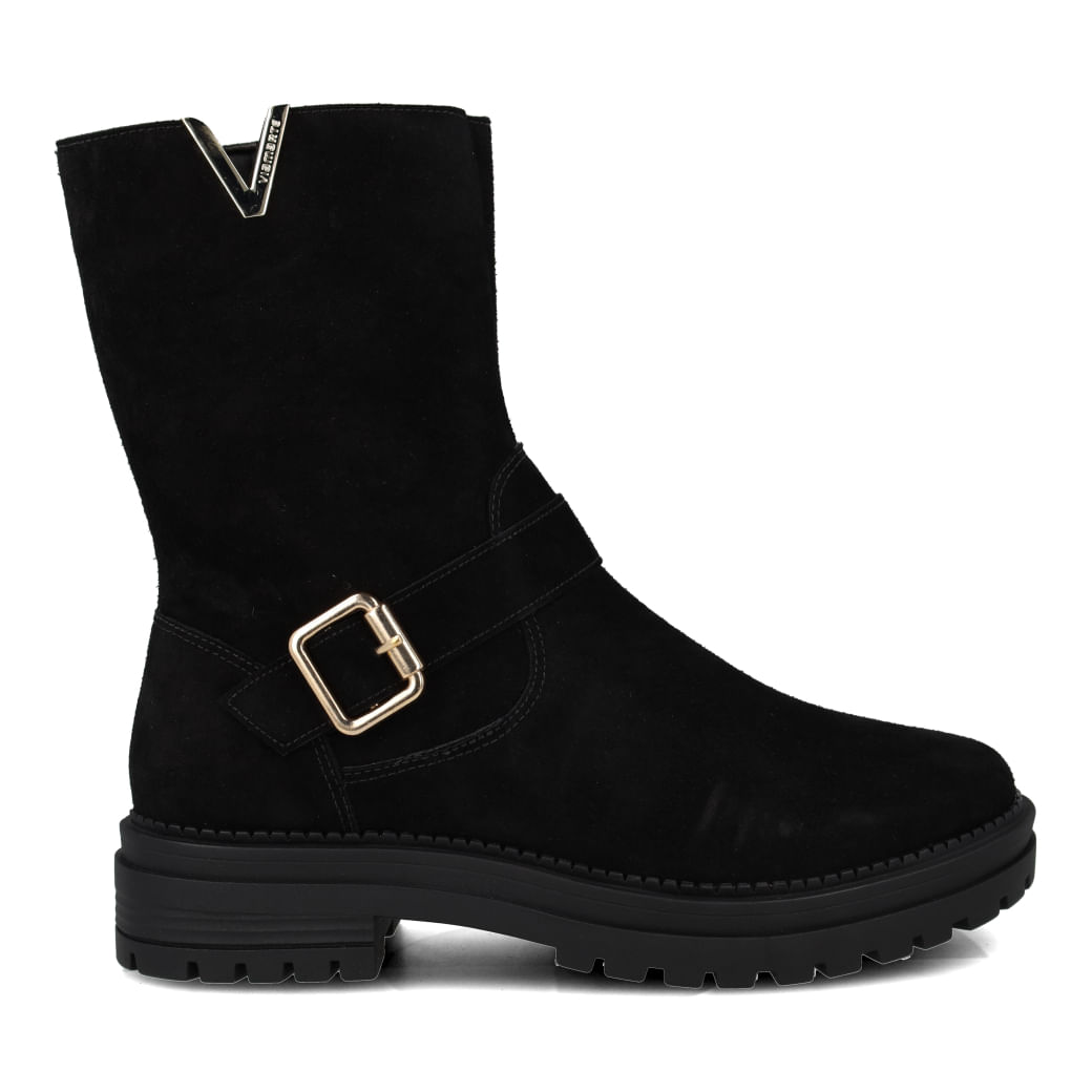 Bota feminina preta Via Marte cano médio em material sintético com fechamento em zíper e detalhe metalizado